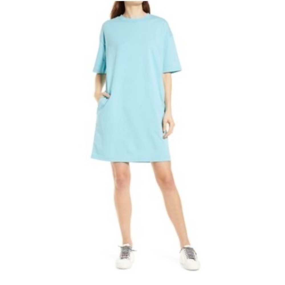 Treasure and Bond Organic Cotton T-Shirt Dress Blue Mist Pockets Relaxed Fit